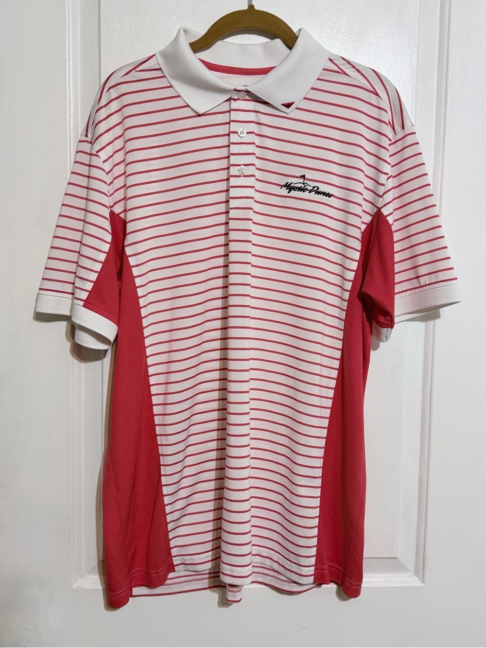 Ahead Extreme  White Polo Golf  with Red Stripe Trim Large Mystic Dunes